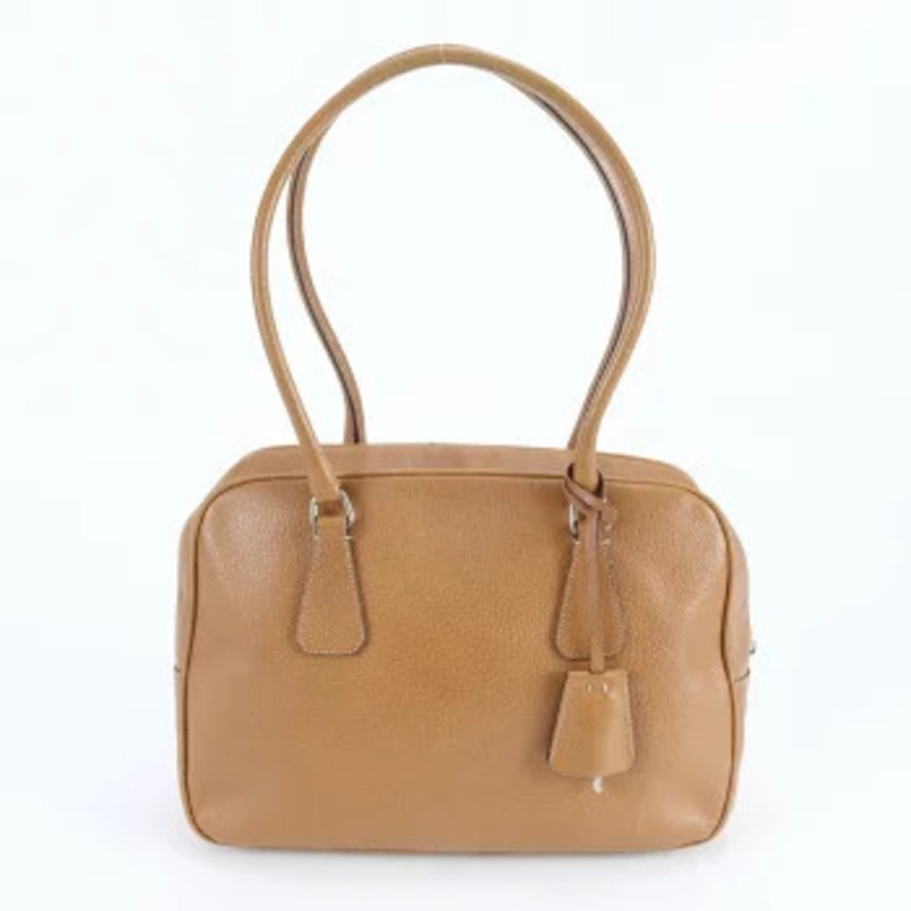 Prada Triangle Enameled Logo Leather Handbag Boston Tote MW